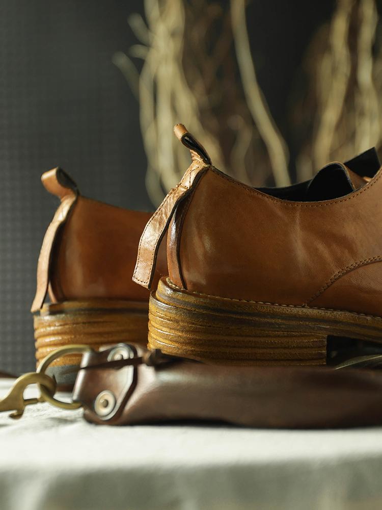 British Square Head Horsehide Retro  Low-top Leather Shoes Trend Thick Bottom Goodyear Leather Bottom Men's Shoes