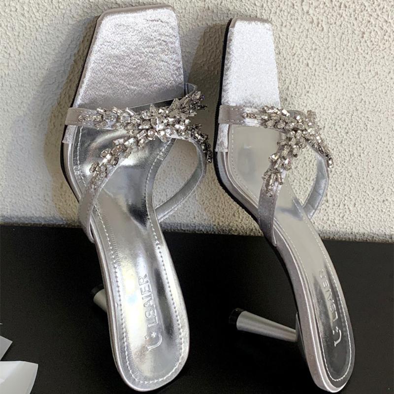 Fashion Luxury Rhinestone Open Toe Heeled Shoes Woman Satin Square Toe Designer Women Sandals Fashion Elegant Thin Heeled Slide Sandals