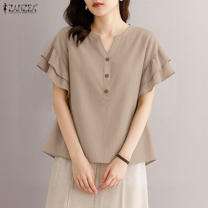 ZANZEA Women V-Neck Summer Casual Short Sleeve Blouse
