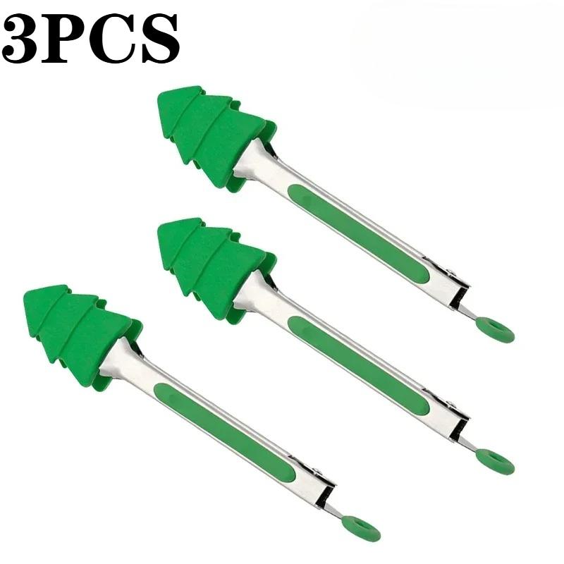 1-10PCS Christmas Silicone Stainless Steel Food Tongs High-Temperature Resistant Non-Stick BBQ Steak Grill Tongs for Home Use