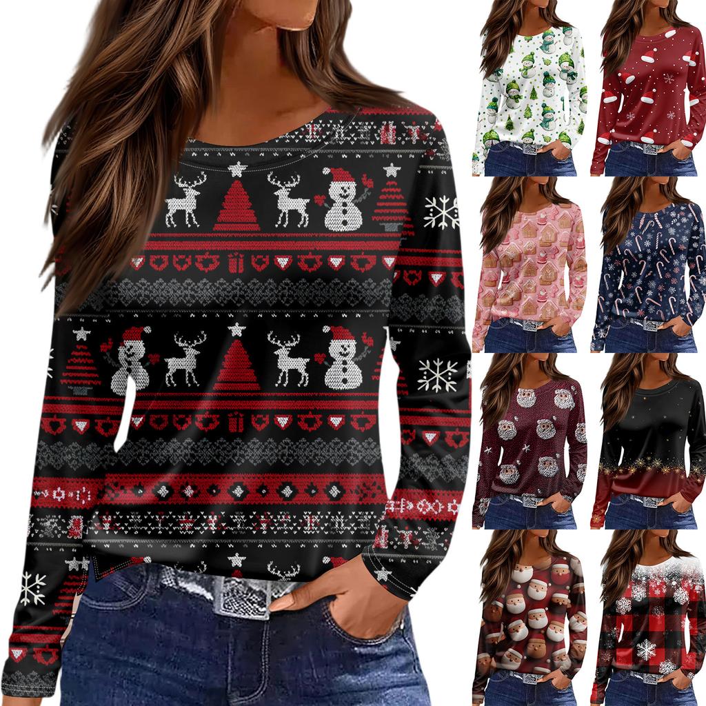 Women's Fashion Hem Slit Casual Christmas Printed Round Neck Long Sleeve Top