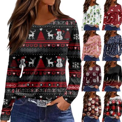 Women's Fashion Hem Slit Casual Christmas Printed Round Neck Long Sleeve Top