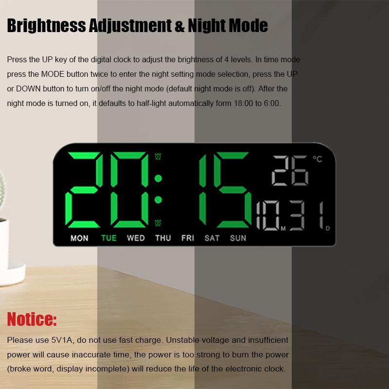 9 Inch Large Digital Wall Clock Temperature and Date Week Display Night Mode 12/24H Table Alarm Clock Electronic LED Clock