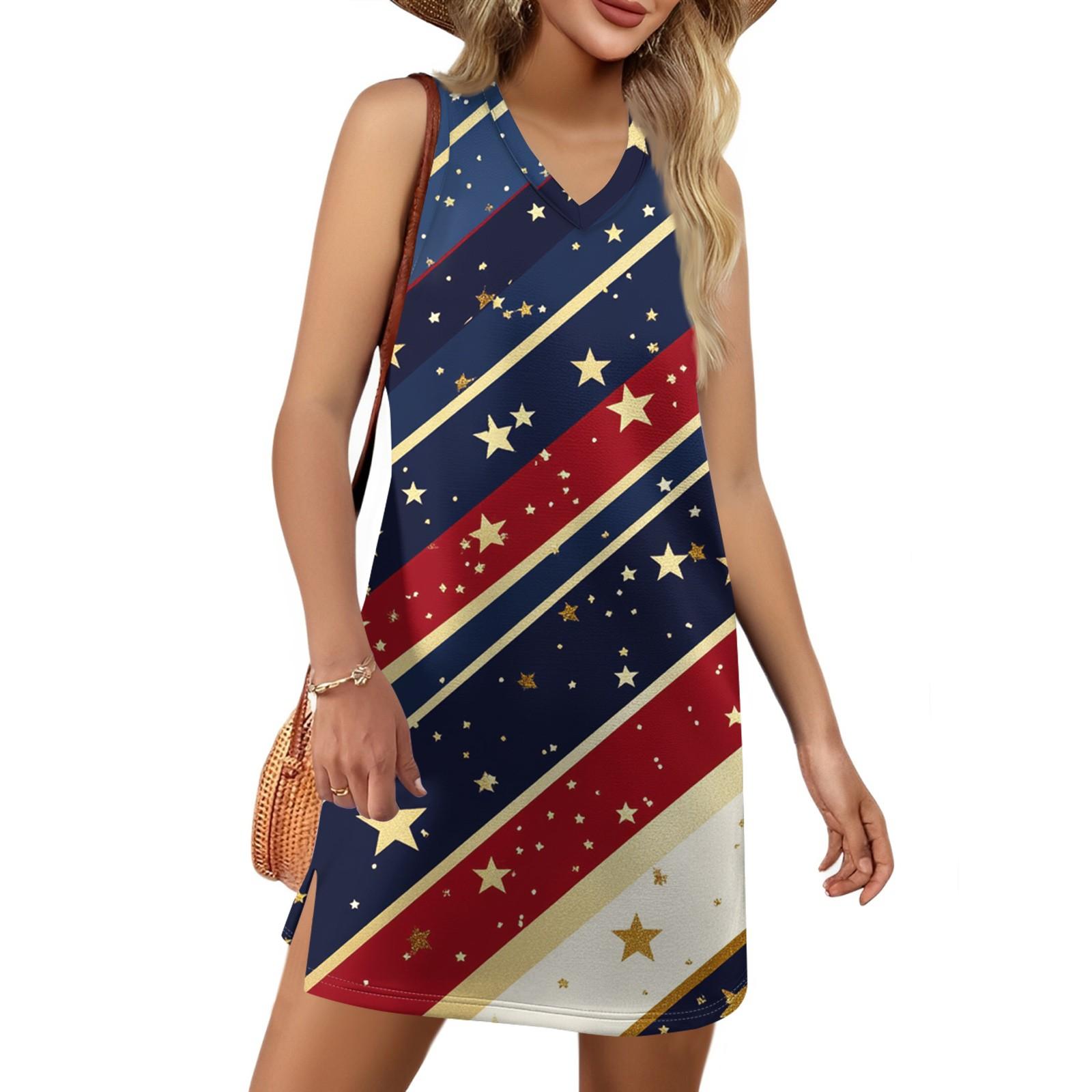 

Women s V-neck Summer Casual Beach Vacation Women s Sleeveless Independence Day Print Sundress XL винный