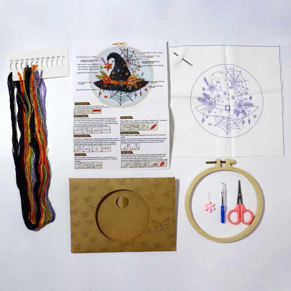 1Pc Halloween Skull Bat Witch Hat DIY Embroidery Needlework Bamboo Embroidery Frame English Kit