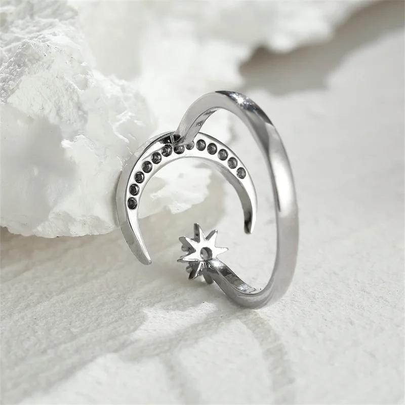 Huajie Charming Women's Dainty Shining Zirconia Moon Star Design Opening Rings Simple Casual Party Gift New Ring Tide