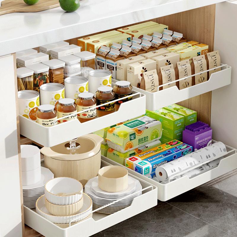 Punch-Free Drawout Basket Mute Slide Rail Cupboard Storage Baskets Home Metal Organization Shelves Kitchen Seasoning Storage Box