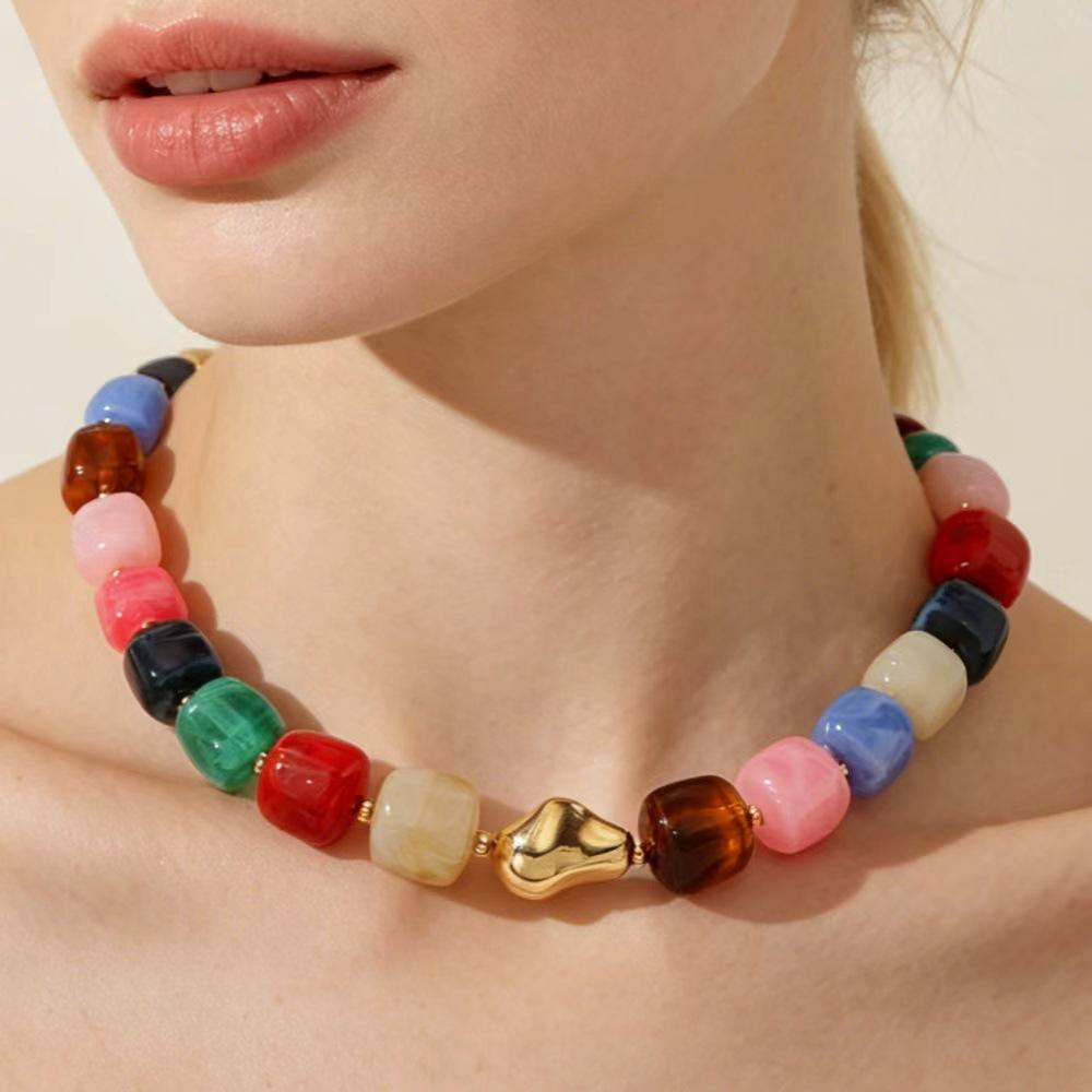 Retro European-American Layered Necklace with Colorful Acrylic Beads