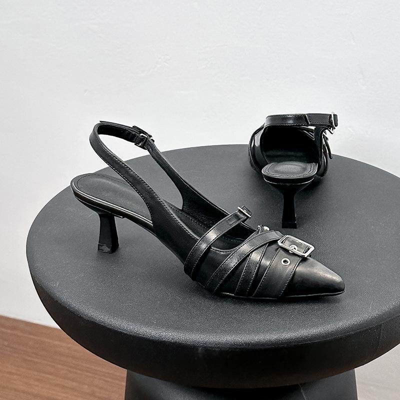 

Cowhide version~ Silver pointed half slippers women s outer wear belt buckle bag head cool slippers high heel leather muller shoes women 40