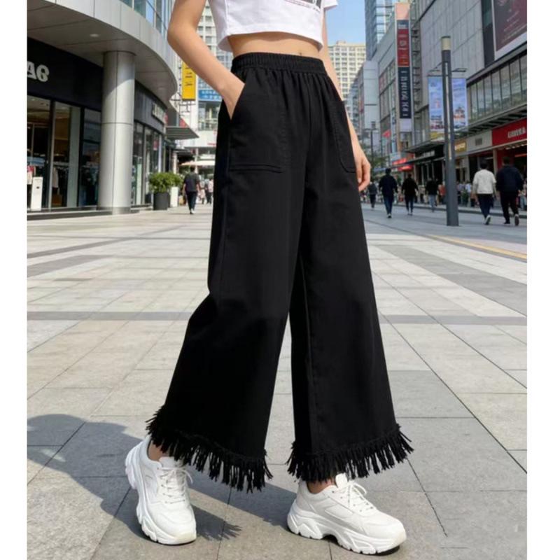 

Women s Hyuna Style Loose Wave Tassel Straight Leg Jeans for Fall One Size темно-синий
