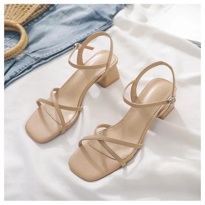 Fashion 2025 Comfortable Minimalist and Versatile Summer Square Head Open Toe Thick Middle Heel Casual Roman Sandals for Women Size 40