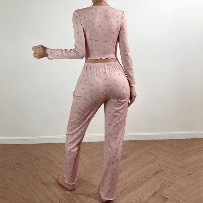 Women's European & American Style Printed Pajama Set: Long Sleeve Top & Long Pants, Casual Home Wear, Wearable Outdoors.