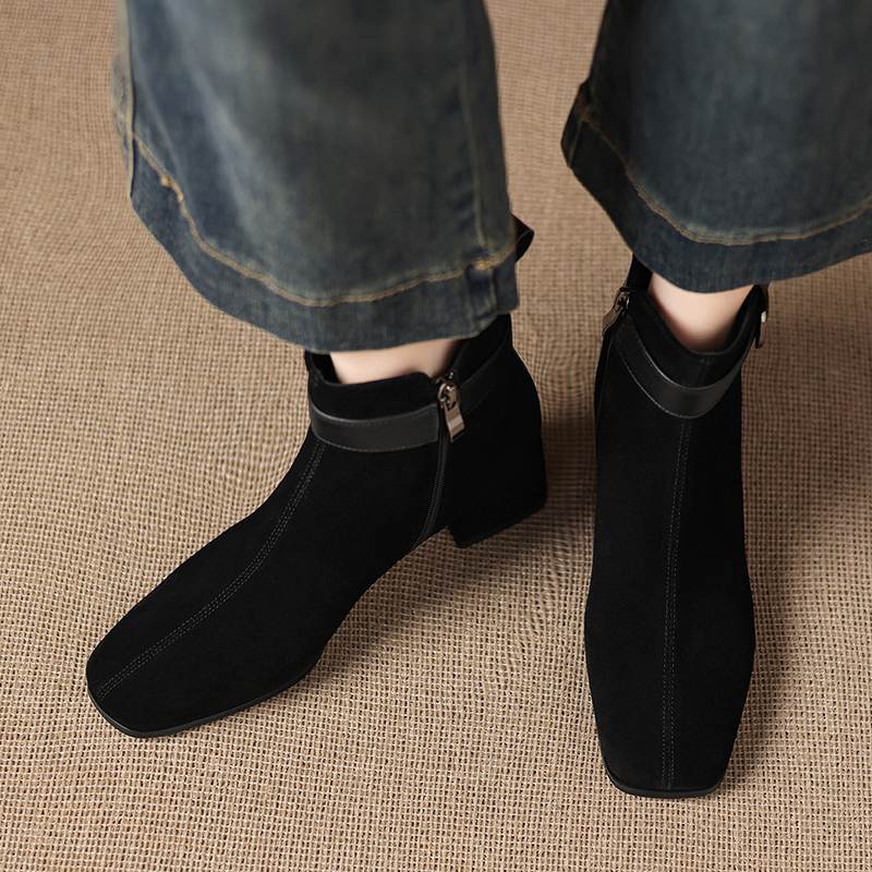 Krazing Pot Cow Suede Nubuck Square Toe Thick Heels Chelsea Boots Size 42 Zip Beauty Lady Women Ankle Boots