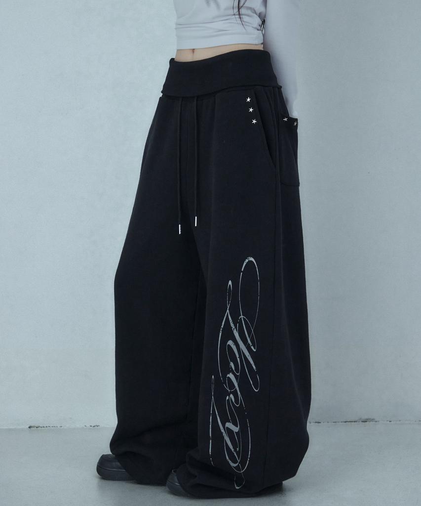 LOOXP Graphic Rivet Folding Training Wide Long Pants Black