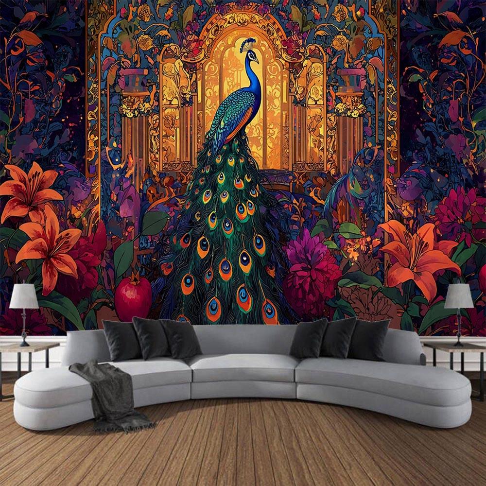 Peacock tapestry, living room, background cloth, hanging on the wall, beach towel, cloth, decoration, art, home yoga bed sheet