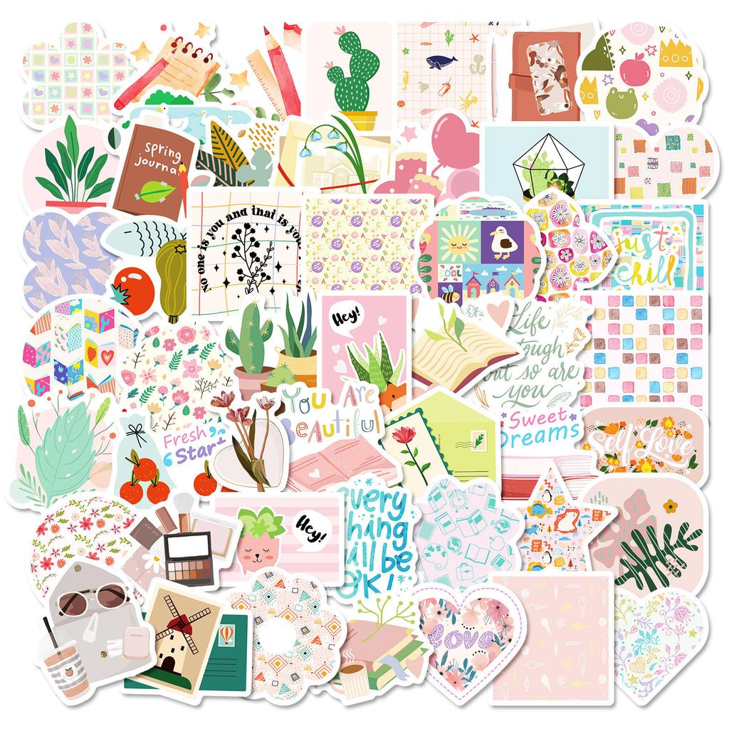 50 Small Fresh Graffiti Decorative Stickers for Girls Pink Flowers and Plants Without Repeating Waterproof Stickers
