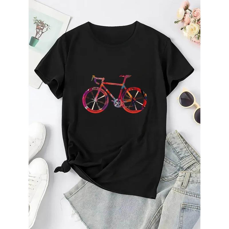 Taglie Europee T-shirt da Donna con Stampa Colorata di Biciclette - Casual Girocollo, Manica Corta, Tessuto Elasticizzato Medio