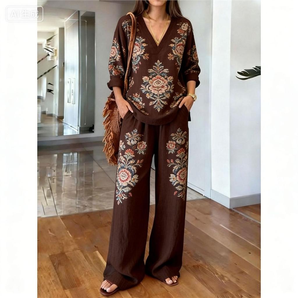 1116 New V-neck Wide-leg Pants Set, European and American Fashion Style Women's Simple Casual Two-piece Set Women's
