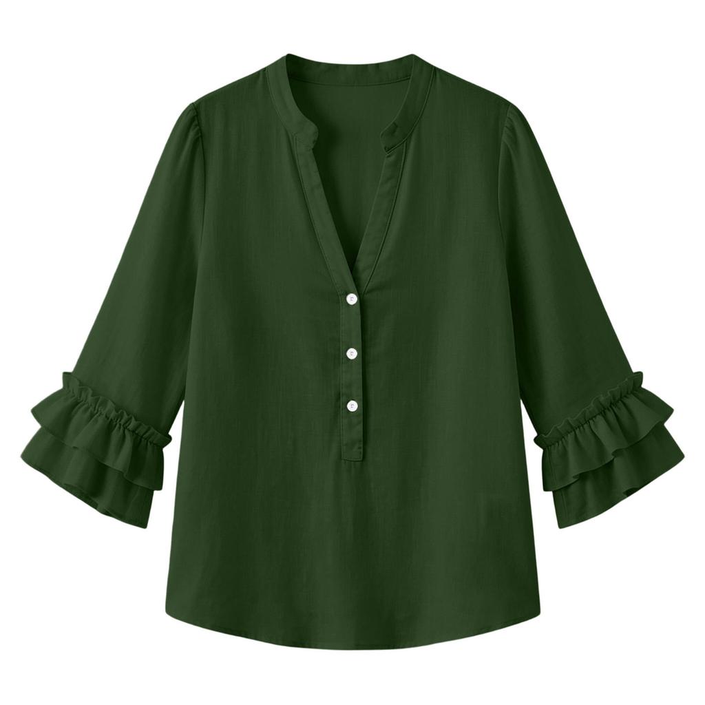 Women's V-Neck Button Front Three-Quarter Sleeve Blouse Color