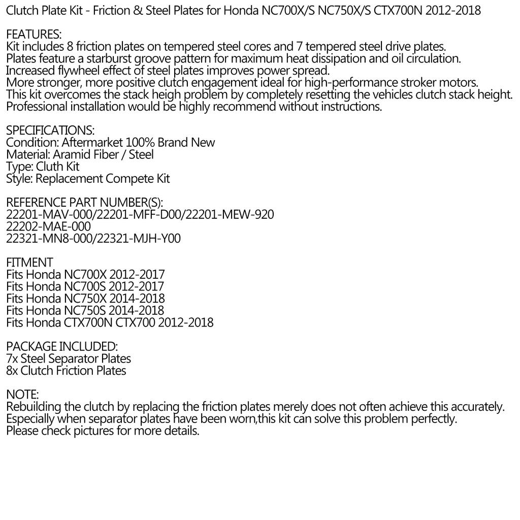 Kopplingssats Järnfriktionsplattor för Honda NC700X/S NC750X/S CTX700N 2012-2018