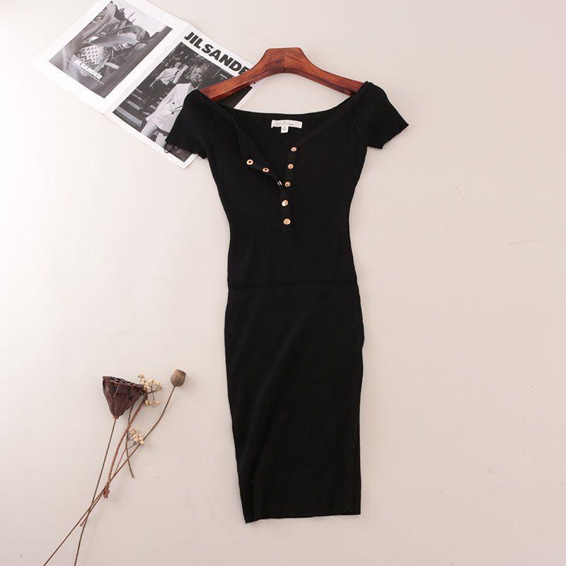 

Deep V off-Neck Sunken Stripe Slim fit Hip Skirt Summer Gyaru Short sleeve Foreign Trade Original Order Knitted dress Small Black All yards