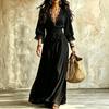 Women's Lace V-Neck Tie Waist Dress with 3/4 Bell Sleeves for Casual and Elegant Vacation