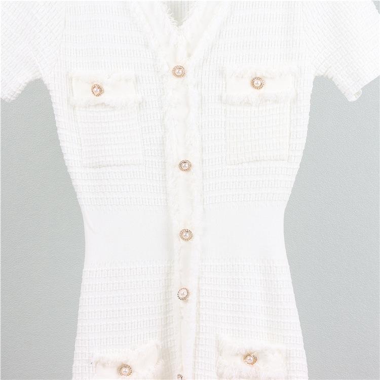 Gentle Wind Fringe Knit Short-sleeved Dress Women's Plus Size V-neck Pure Colour Temperament Mid-length Dress