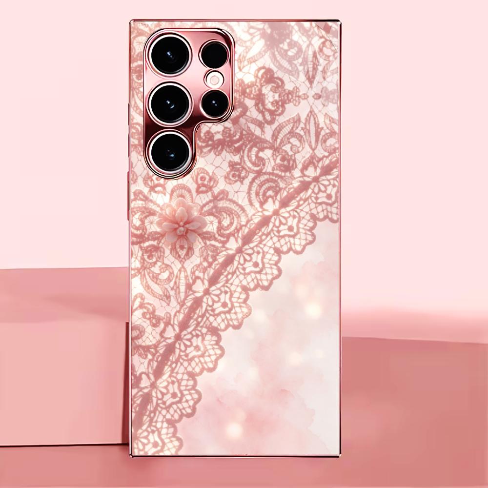 Exquisite Pink lace pattern phone case s26 ultra case quad lock glass for Samsung Galaxy S26 S25 S24 S23 S22 FE,Ultra,Plus