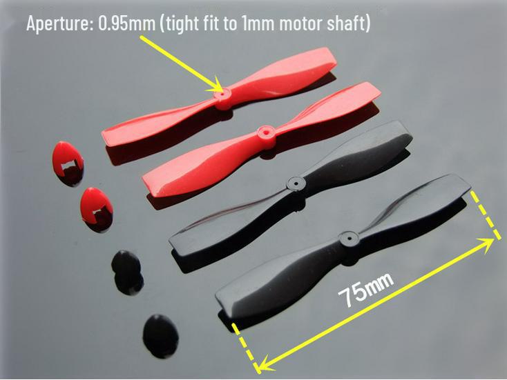 Red & Black 75MM Propeller with Hat, 1MM Shaft, Forward/Reverse for Fixed-Wing & Quadcopter Models