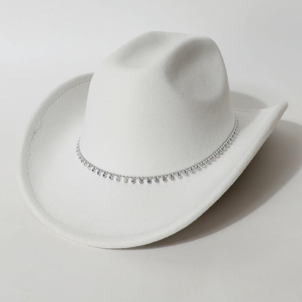 New European and American style flat-top woolen hat, western cowboy hat, unisex hat, equestrian hat with single row of rhinestones