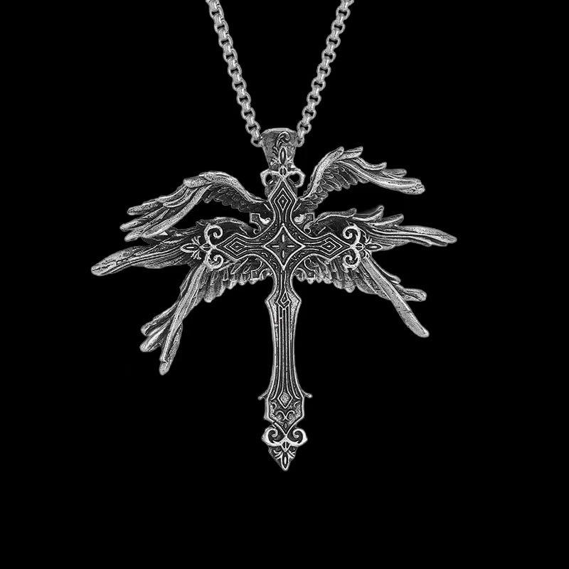 Vintage Angel Wing Cross Necklace Gothic Pendant Y2K Statement Sweater Chain Retro Fashion Jewelry Exaggerated Streetwear Accessory