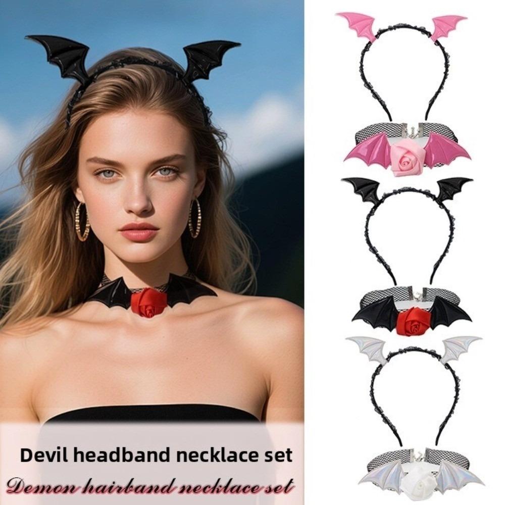 Flower Headband Necklace Set Mesh Halloween Hair Hoop Cute Bat Wings Hairband  Women