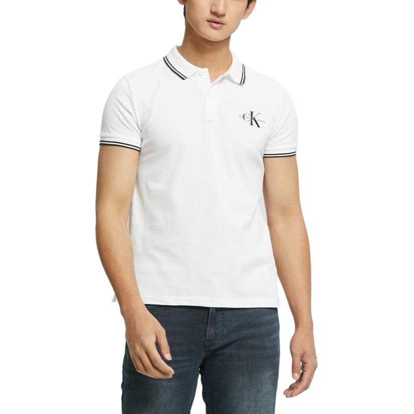 Calvin Klein Fashion Trimmed Overlapping Print Breathable Short Sleeve Polo Shirt Men tops White J320772-YAF