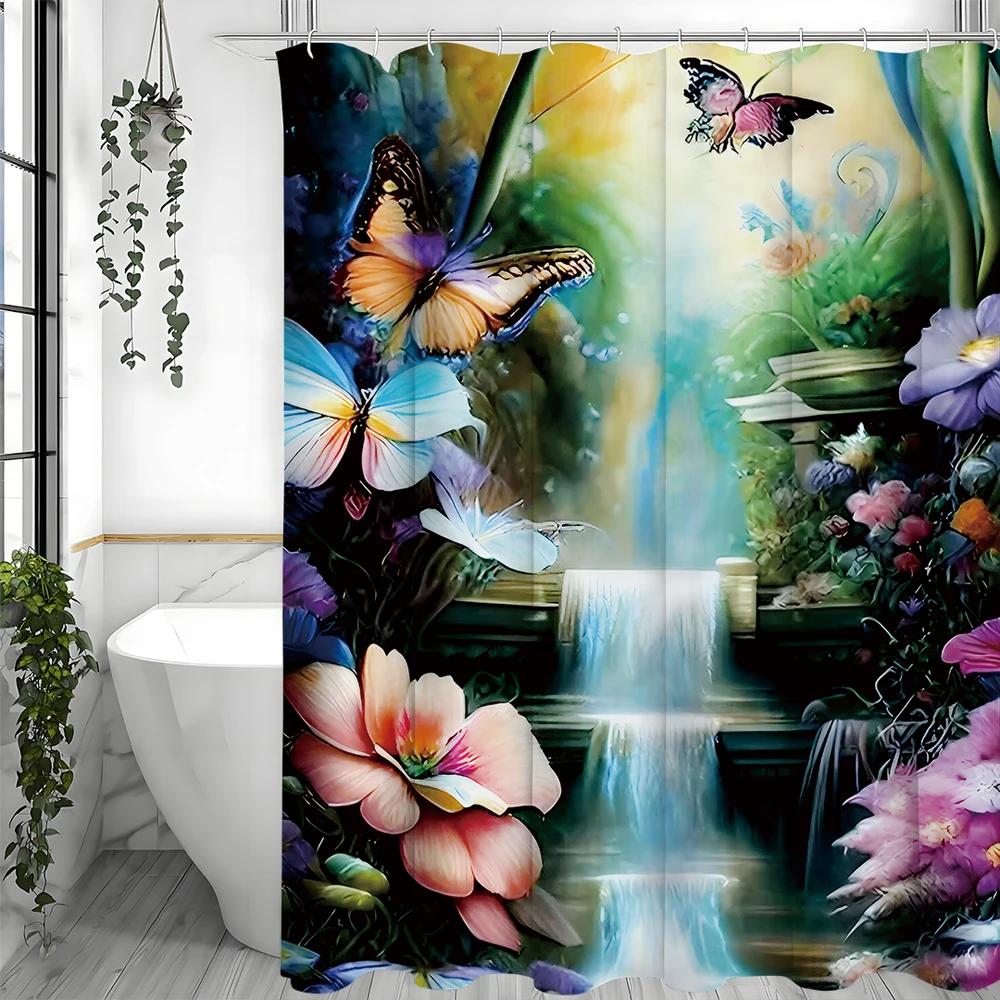 Butterfly Waterfall Floral Shower Curtain, Bathroom Decorative Shower Curtain, Waterproof Shower Curtain with Hooks