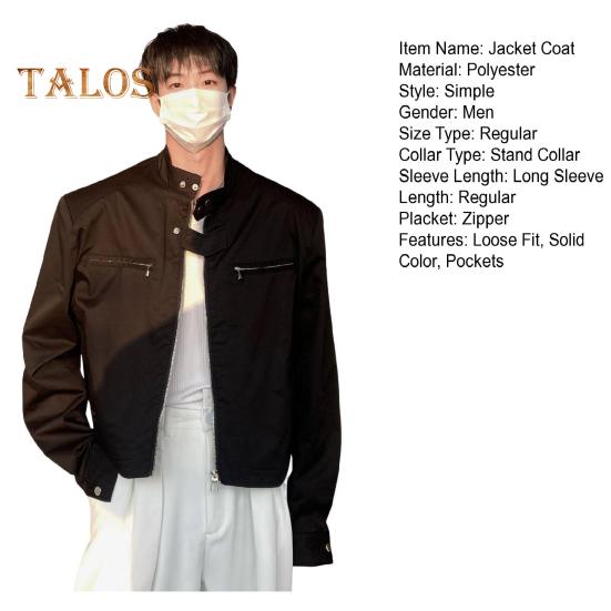 Men Jacket Coat Full Zipper Closure Solid Color Two Side Pockets Short Jacket Stand Collar Long Sleeve Jacket Streetwear