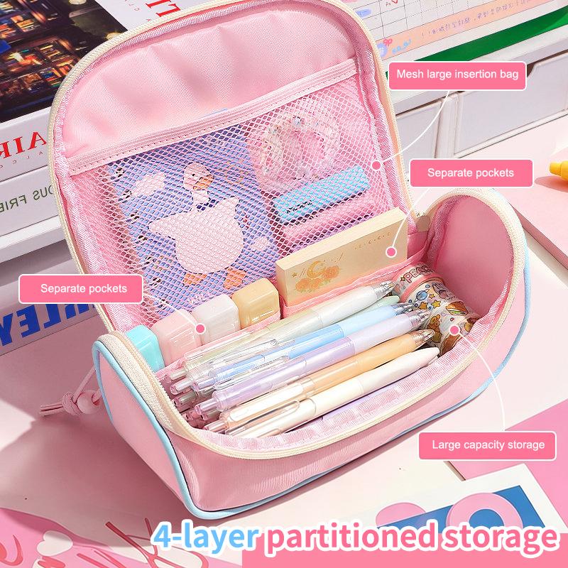 Large Capacity Check Pencil Bag Aesthetic Portable Stationery Pouch with Multi Slots for Students School Daily Use