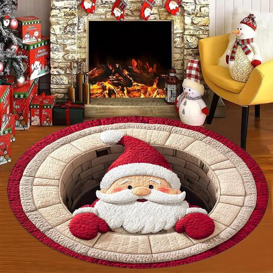 Christmas 3D Rug Optical Illusion Santa Claus Round Floor Mat Non-Slip Xmas Santa Door