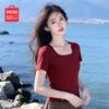 MINISO Women's U-Neck Slim-Fit Short Sleeve T-Shirt