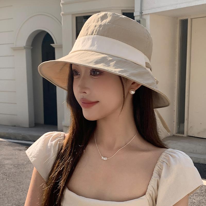 Outdoor Leisure Sun Hat Fisherman Hat Simple Color Block Tether Sun Protection Hat Girl Traveling To Show Her Face Small Hat Early Spring