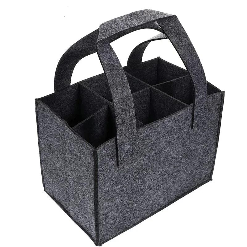 Portable Felt Wine Carrier Bag for 6 Bottles with Divider, Reusable Wine Tote with Handle, Grey Wine Bottle Holder for Travel