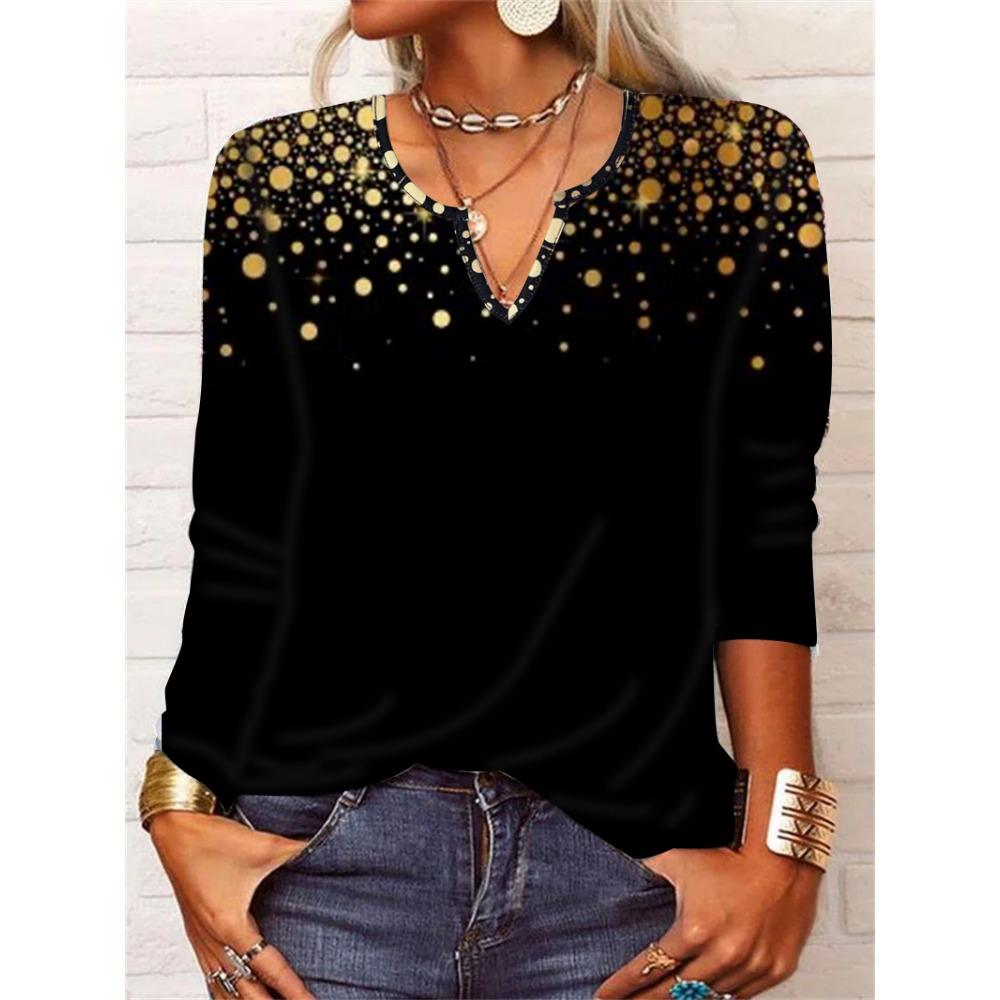 GMXIA Autumn Loose Long Sleeve Flower Bold V-neck T-shirt Base for Women