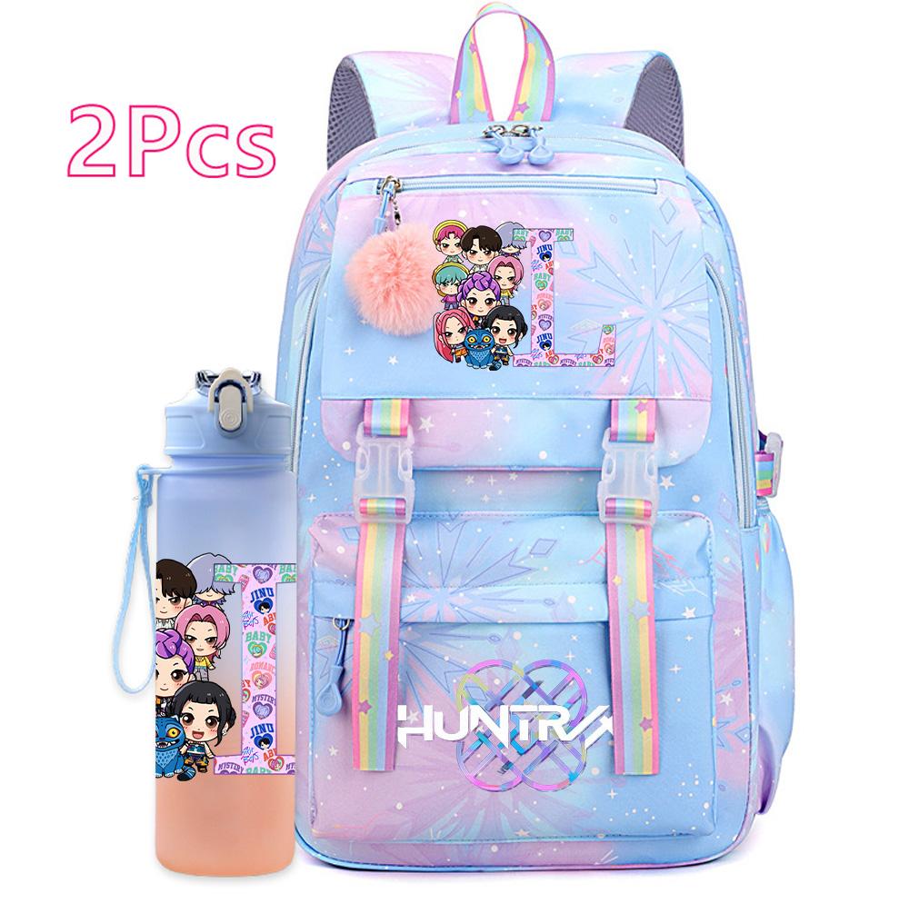 2Pcs/set K-pop Printed Backpack with 750Ml Water Bottler Large Capacity Travel Bag for Teenager Girl Boy Bookbag Kid Gift Large Capacity Bag Mochila