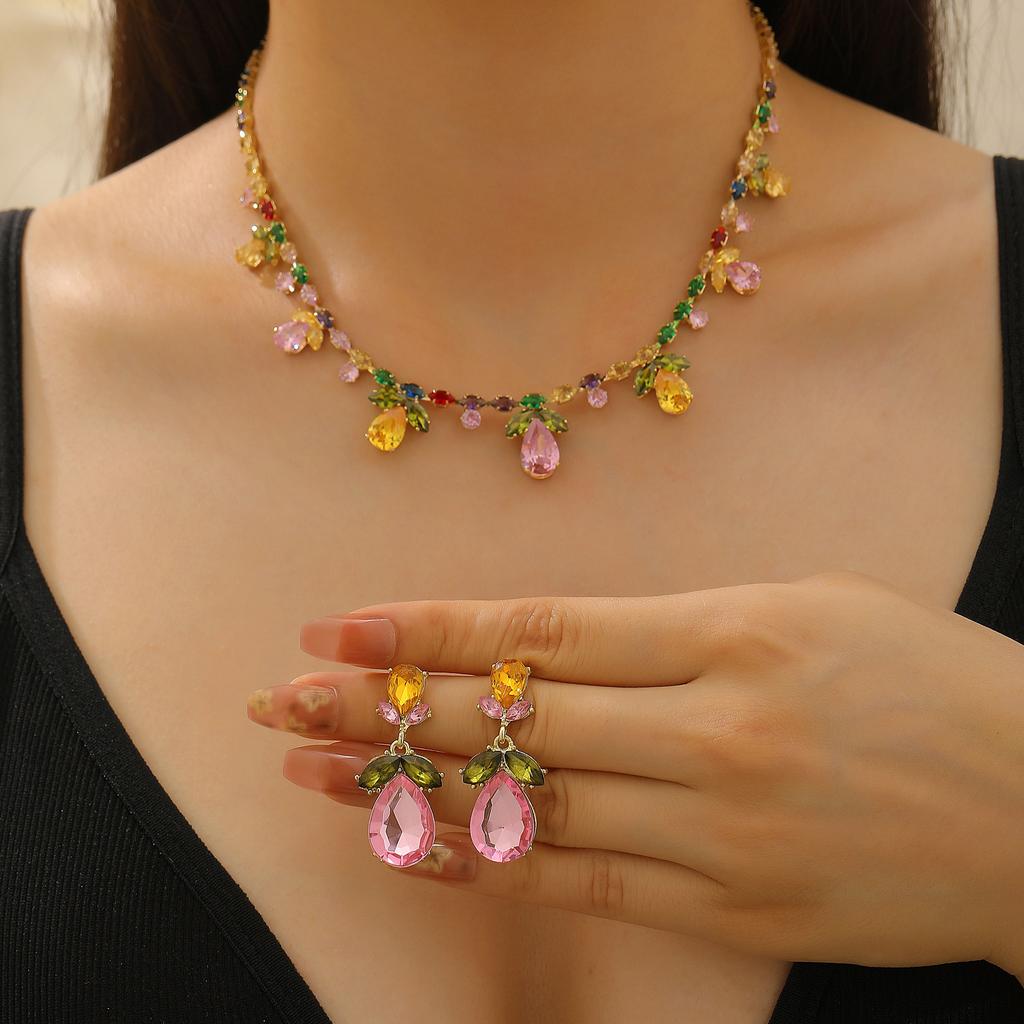 High quality light luxury fashion atmosphere color zircon flower water drop pendant earrings necklace set fresh and sweet jewelry