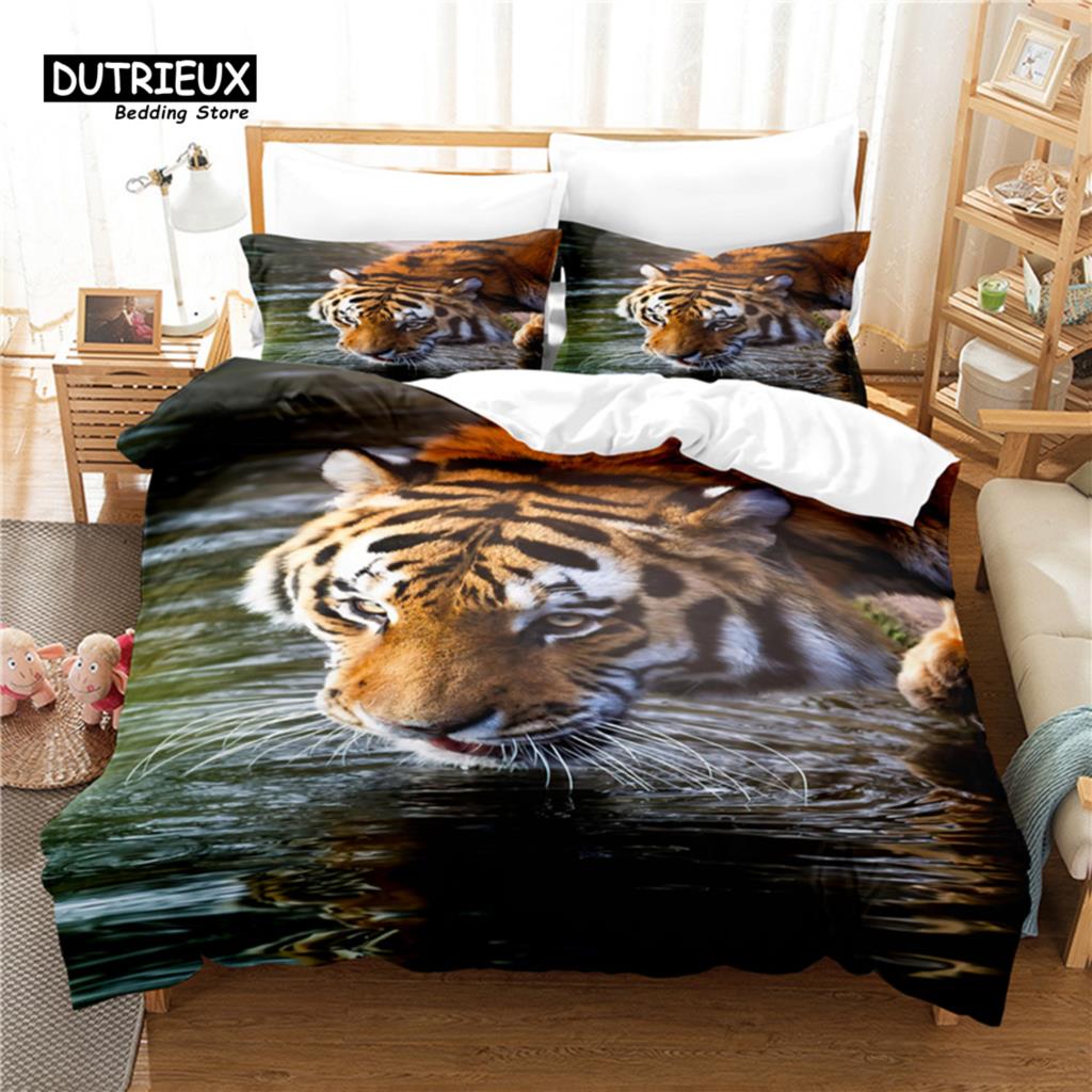 

Tiger Duvet Cover Set, Fashion Bedding Set, Soft Comfortable Breathable Duvet Cover, For Bedroom Guest Room Decor 150x200cm 3pcs