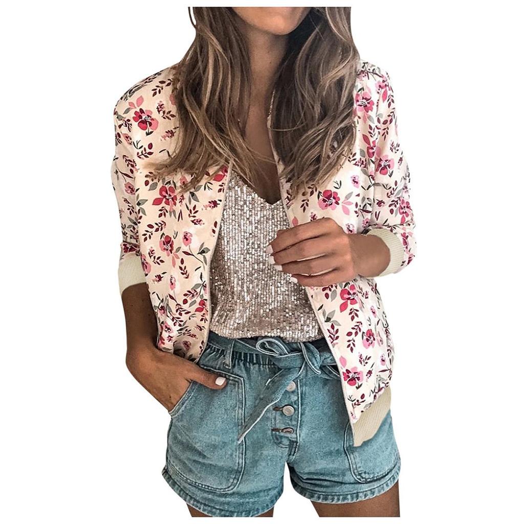 Giacca da Donna Retro Floreale con Cerniera Cappotto Casual Capospalla