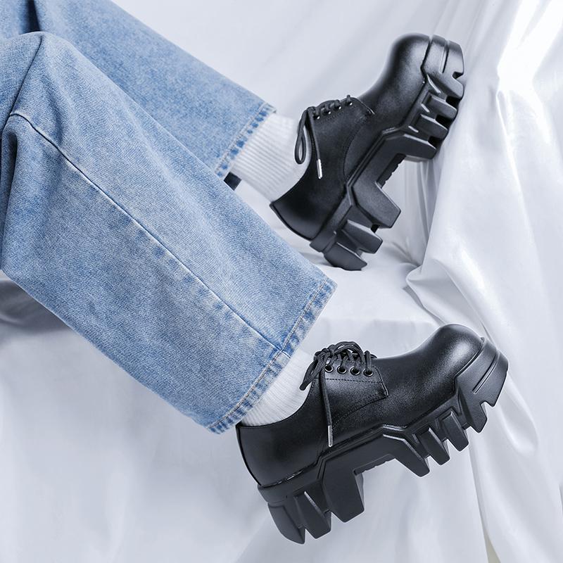 Black trendy thick soled shoes Classic and men's minimalist style Outdoor street Daily lace up Height increasing shoes