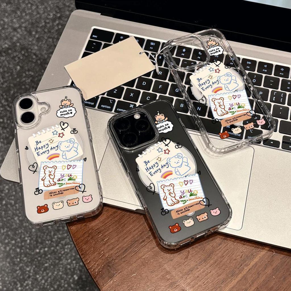 Przezroczyste etui magnetyczne z motywem misia i etykietą dla Apple iPhone 15 Pro Max i 16 Pro, kompatybilne z przyciskiem AI