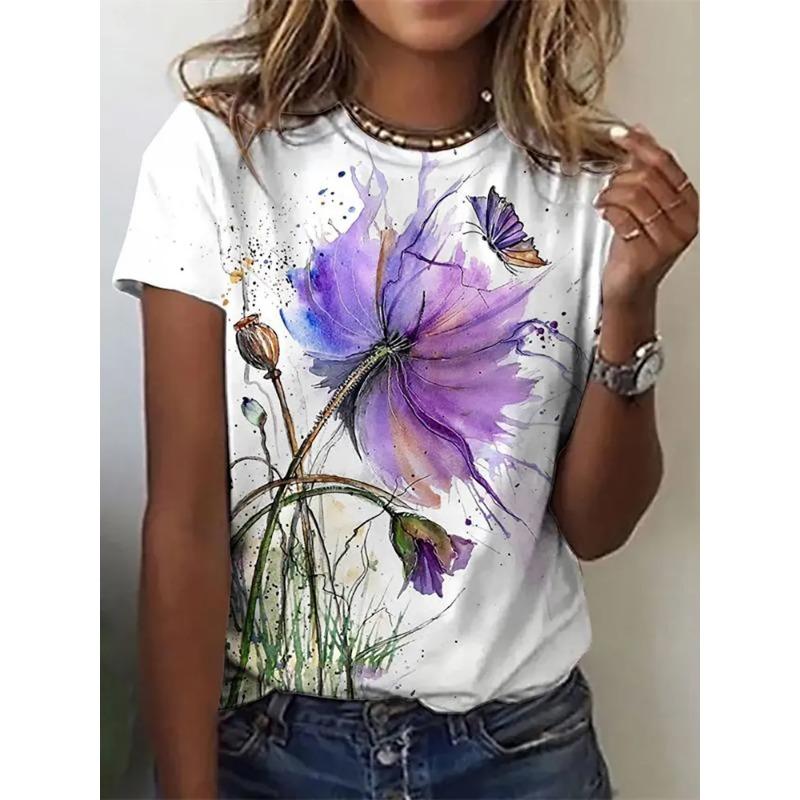 Summer Round Neck Women's T-shirt Fashionable 3D Flower Print Short Sleeved Casual Top Y Street Women's Clothing