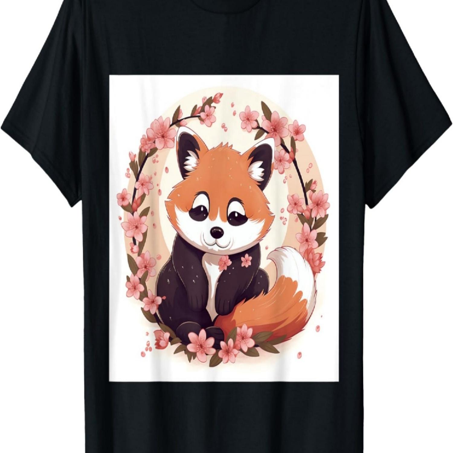 Cute Red Panda and Cherry Blossom Pattern_ Perfect Spring T-Shirt S чёрный