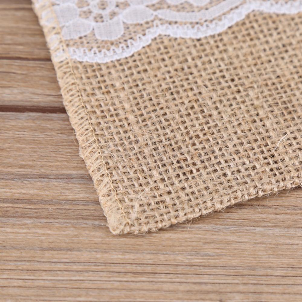 10Pcs Burlap Tabbleware Holder Lace Silverware Bag Lightweight Napkin Bag  Wedding Party